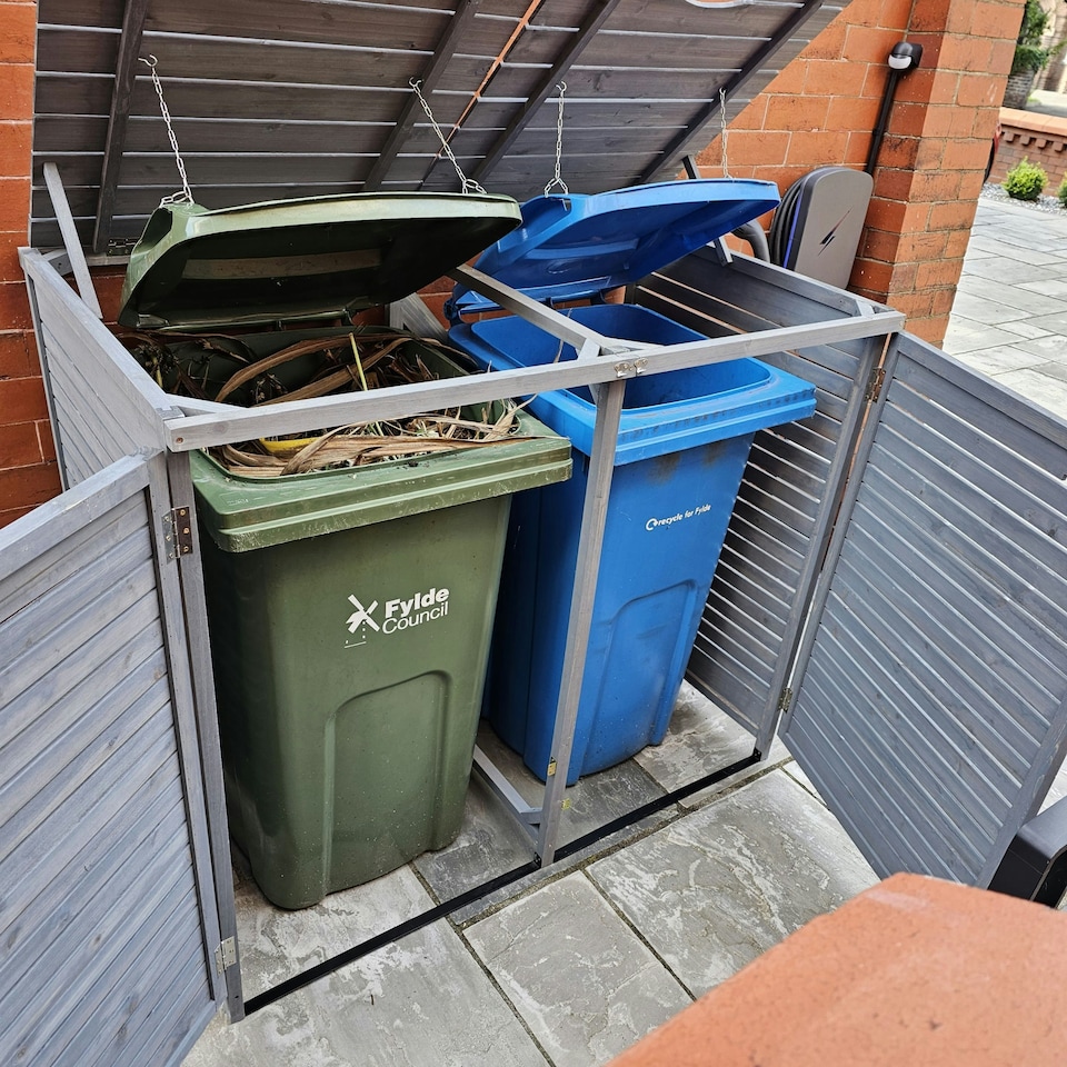 image 1 of 1.35m x 1.14m Large Grey Wooden Outdoor Garden Double Wheelie Bin Store Storage for 2 Bins with Back Panels