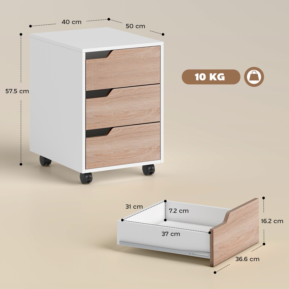 image 1 of HOMCOM 3 Drawer Mobile File Cabinet, Vertical Filing Cabinet with Wheels for Home Office, Oak