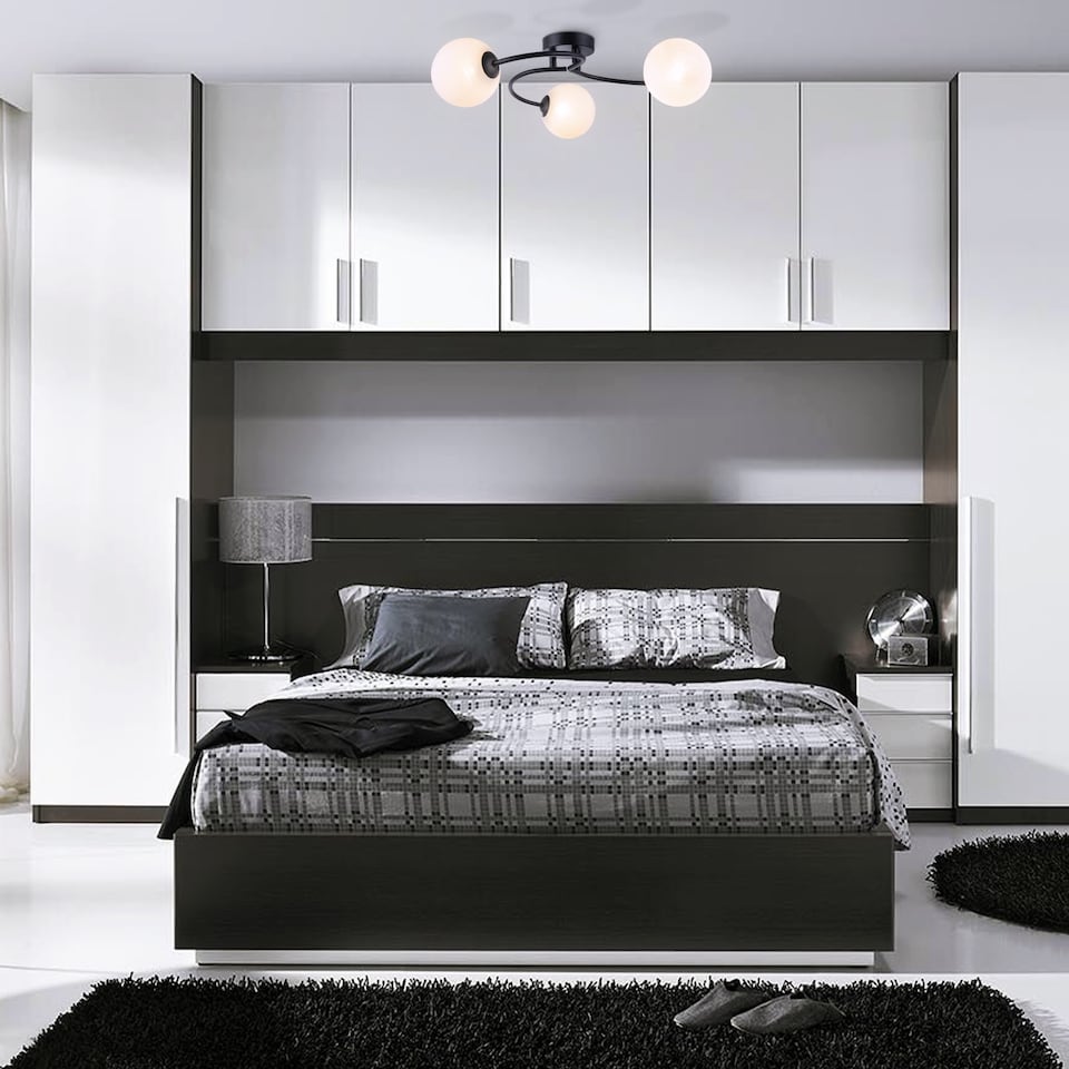 image 1 of Modern 3-Arm Matte Black Ceiling Light with Opal Swirl Glass Spherical Shades | Black