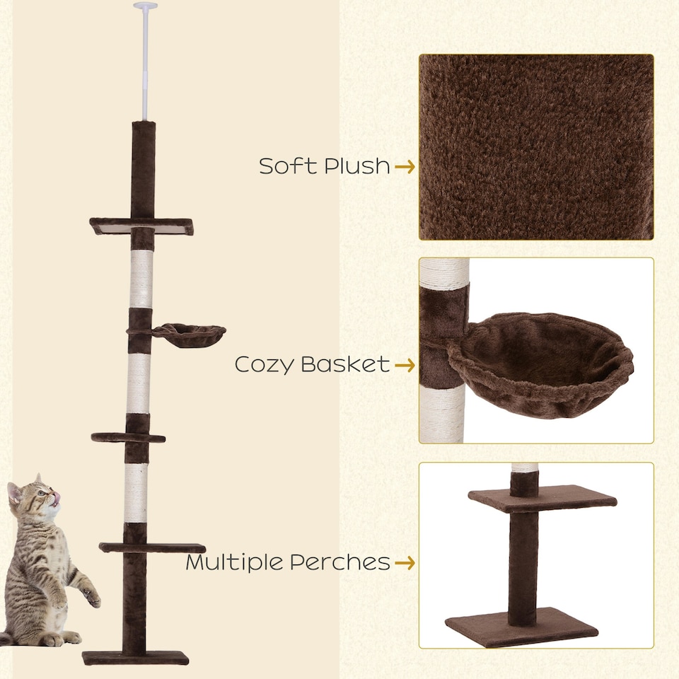 image 1 of PawHut Floor to Ceiling Cat Tree 5-Tier Climbing Tower Scratching Post Brown
