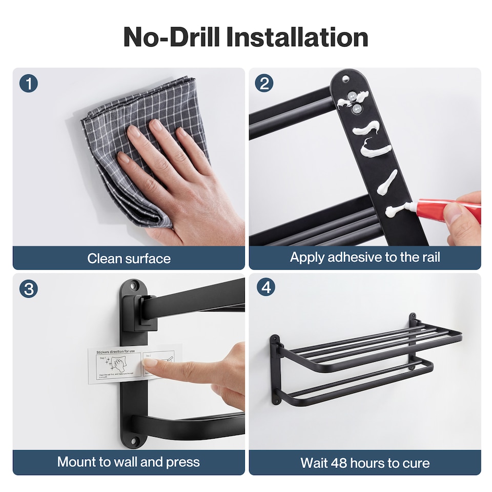 image 1 of Levede Towel Holder with 2 Bars Wall Mounted No Drill Bathroom Shelf Black