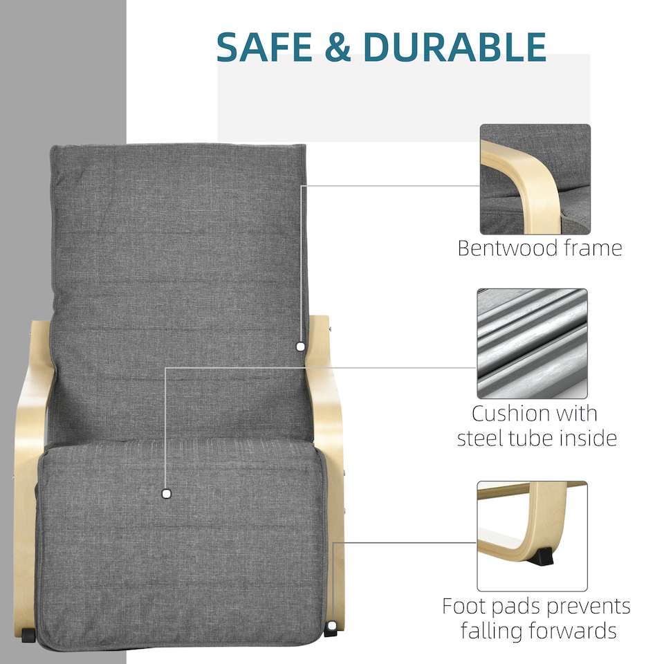 image 1 of HOMCOM Wooden Armchair, Upholstered Linen Lounge Chair with Adjustable Footrest & Removable Cushion, Poang Chair for Living Room, Dark Grey