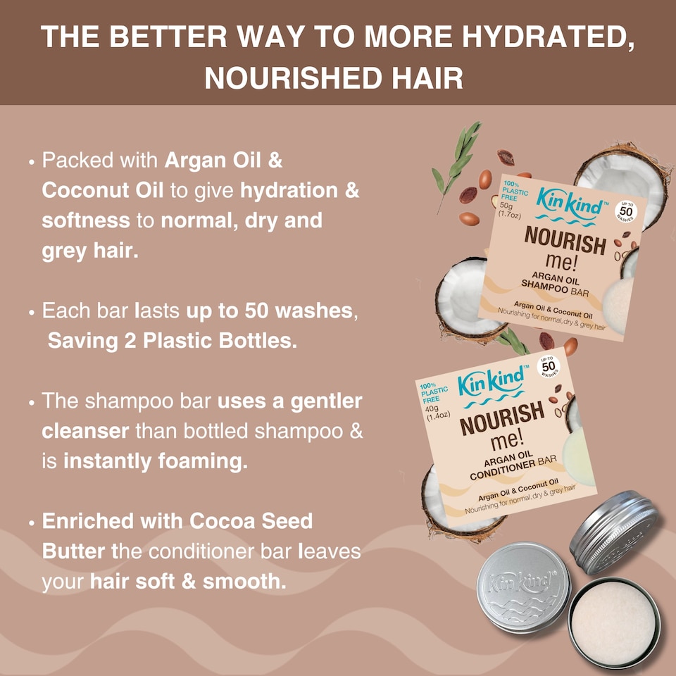image 1 of KinKind NOURISH me! Shampoo and Conditioner Bar Set. Argan Oil & Coconut Oil for Hydration & Softness, for Normal, Dry and Grey hair.