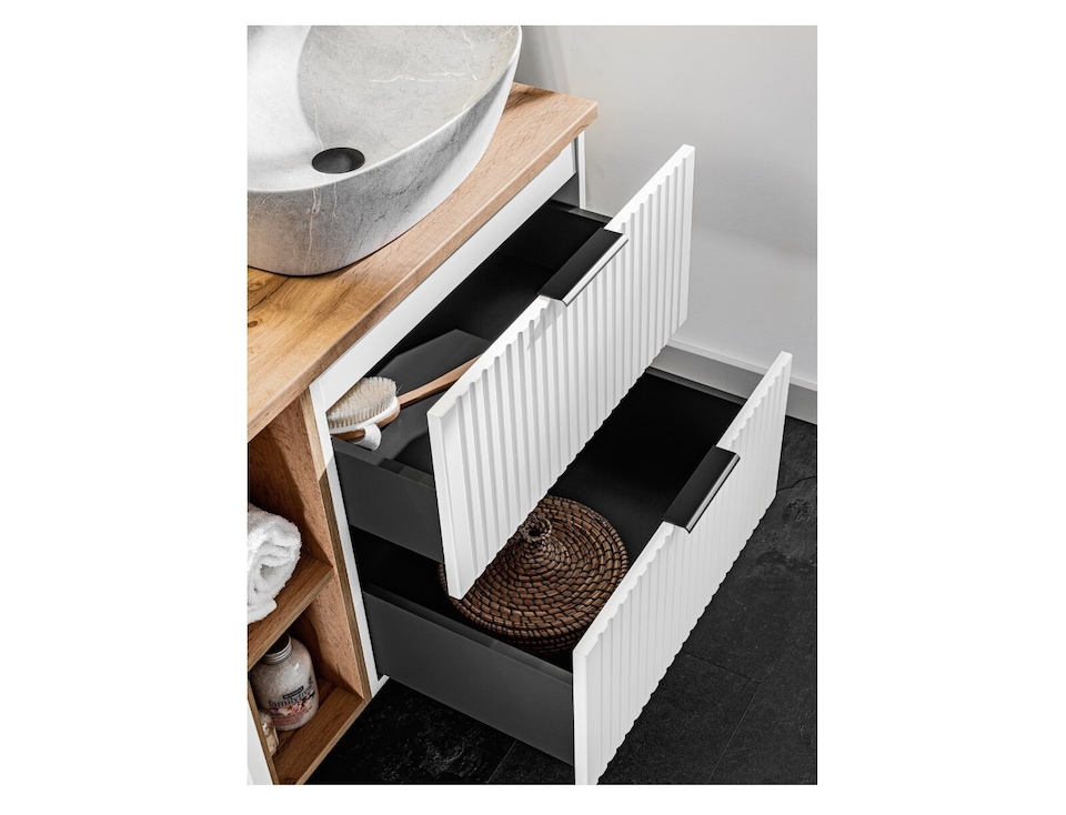 image 1 of Bathroom Vanity Unit 800mm Wall Hung Drawer Cabinet Ribbed Textured Fluted White Modern Floating Sink Unit Adel