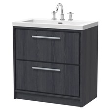 Balterley Longnor 2 Drawer Floor Standing Vanity Unit with 3 Tap Hole Modern Fireclay Basin, Woodgrain Graphite Grey, 800mm
