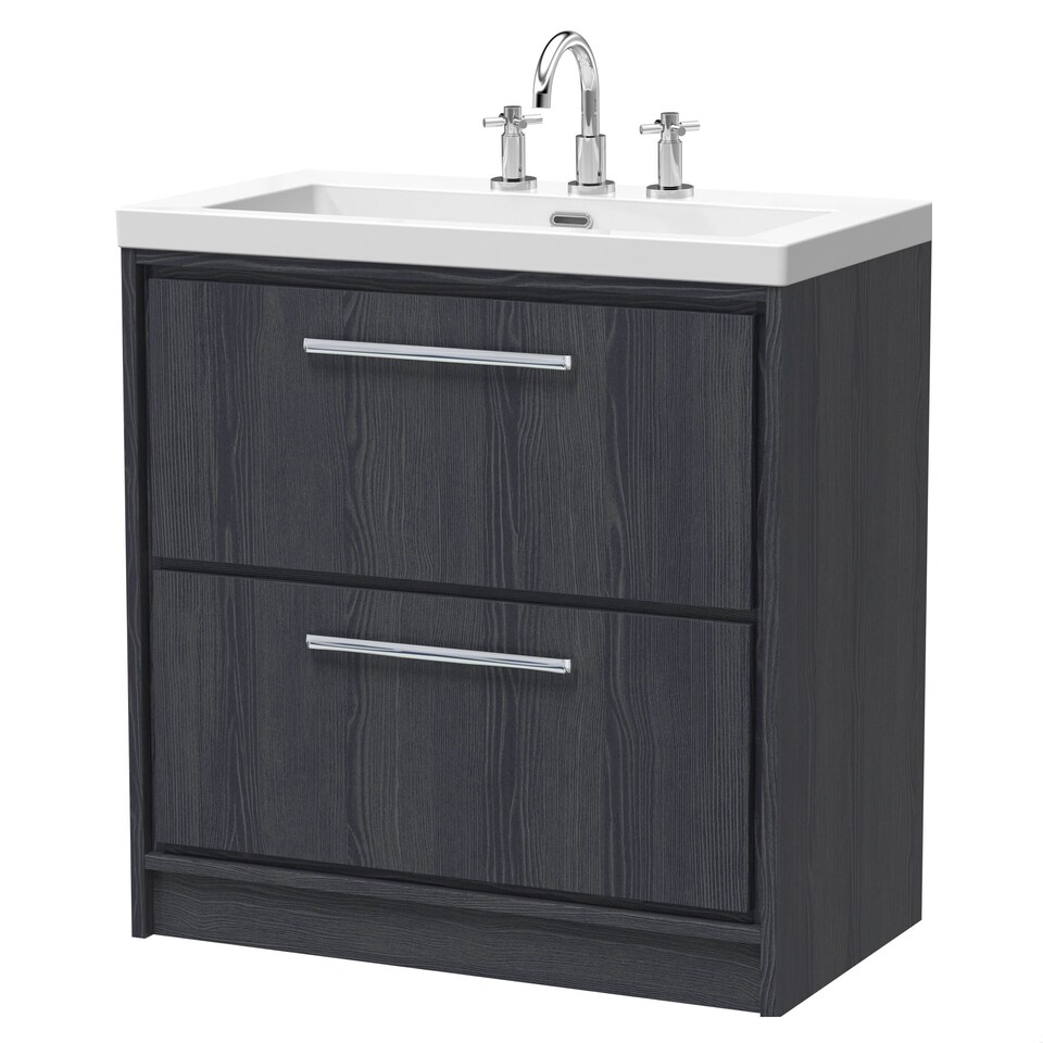 image 1 of Balterley Longnor 2 Drawer Floor Standing Vanity Unit with 3 Tap Hole Modern Fireclay Basin, Woodgrain Graphite Grey, 800mm