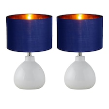 First Choice Lighting Set of 2 Tuscan White Ceramic Lamps with Navy Blue & Gold Shade White | Blue