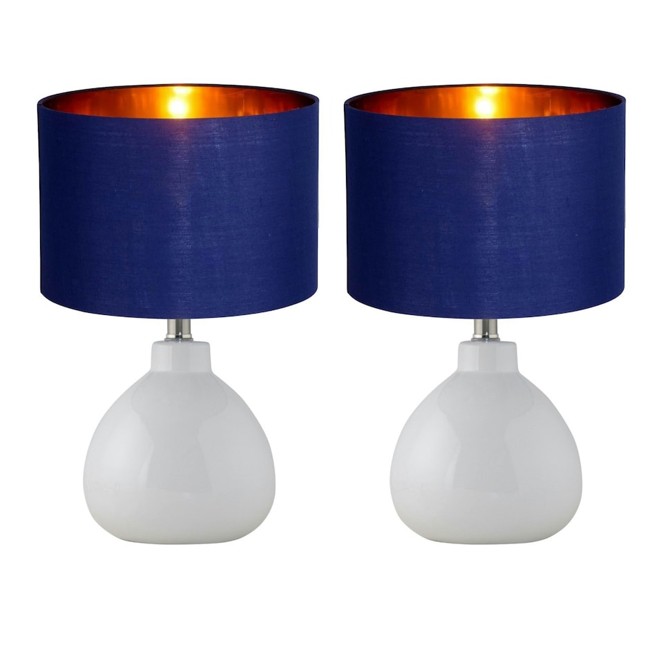 image 1 of First Choice Lighting Set of 2 Tuscan White Ceramic Lamps with Navy Blue & Gold Shade White | Blue