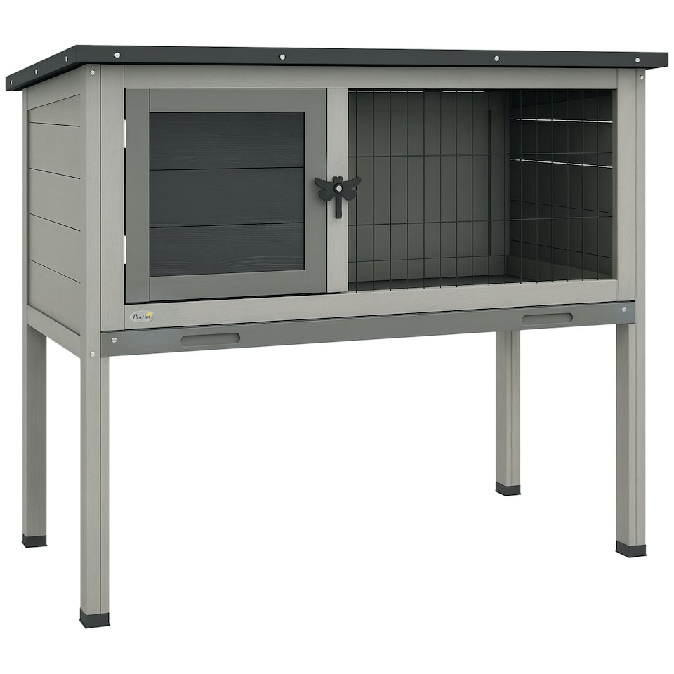 image 1 of PawHut Wooden Guinea Pig Hutch, Small Animal Cage w/ Tray & Roof, Grey