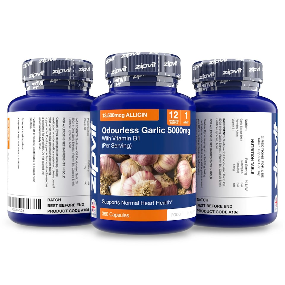 image 1 of Odourless Garlic 5000mg with Vitamin B1, 360 Capsules, 12-Month Supply, 500:1 Extract, Supports Heart Health