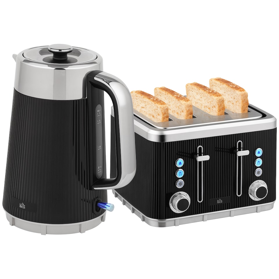 image 1 of HOMCOM Electric Stainless Steel Kettle and Toaster Set, 3000W 1.7L UK Strix Thermostat Fast Boil Kettle w Limescale Filter, Cool Touch Body, 4 Slice Toaster with 7 Browning Levels, Crumb Tray, Black