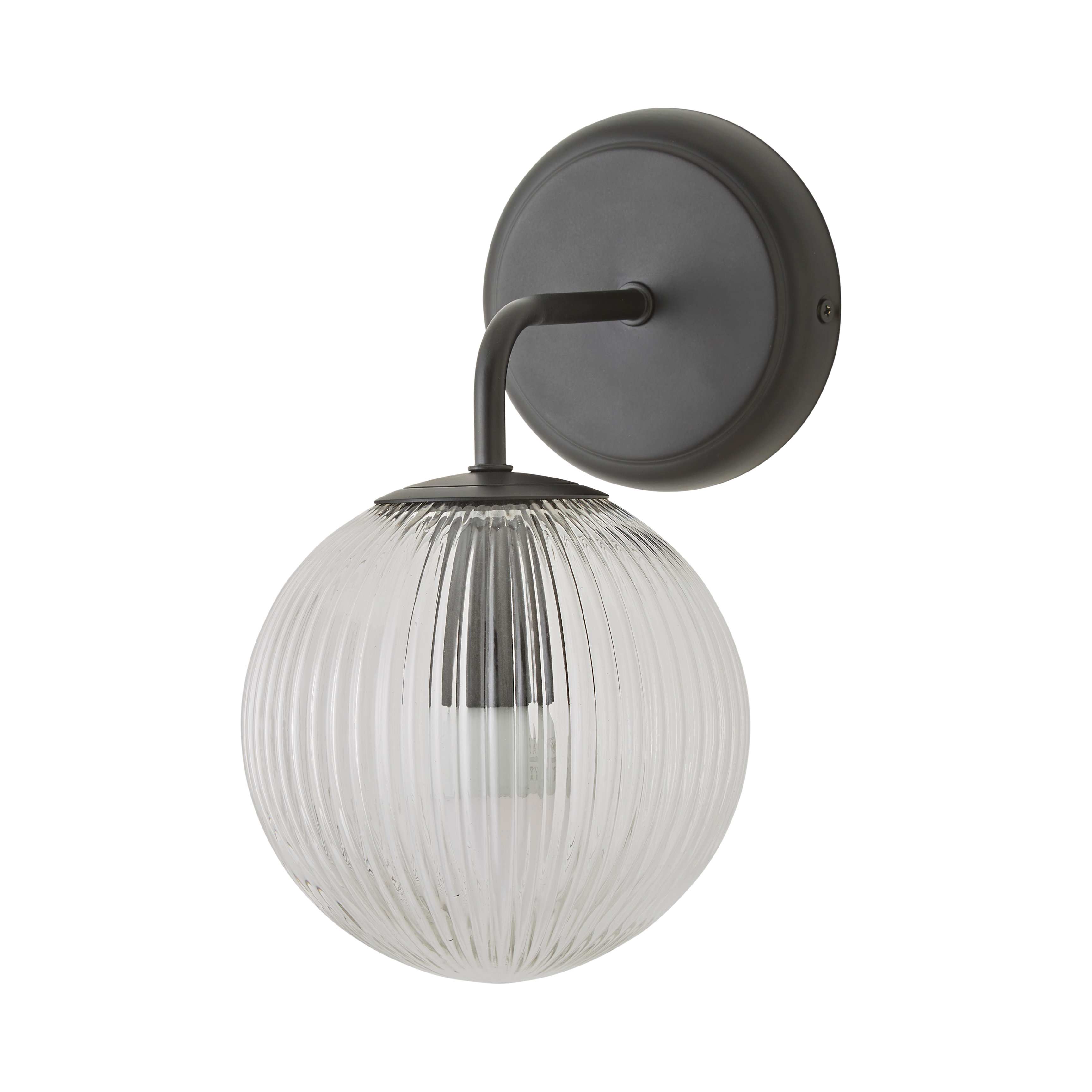 ValueLights Kempton Ribbed Glass Globe Shade Single Arm Wall Light with Bulb in Black