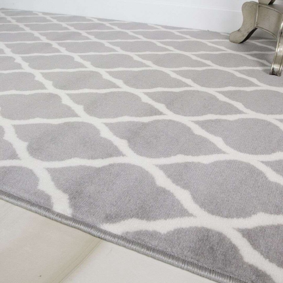 image 1 of KUKOON Grey White Classic Trellis Living Area Rug 60cm x 240cm