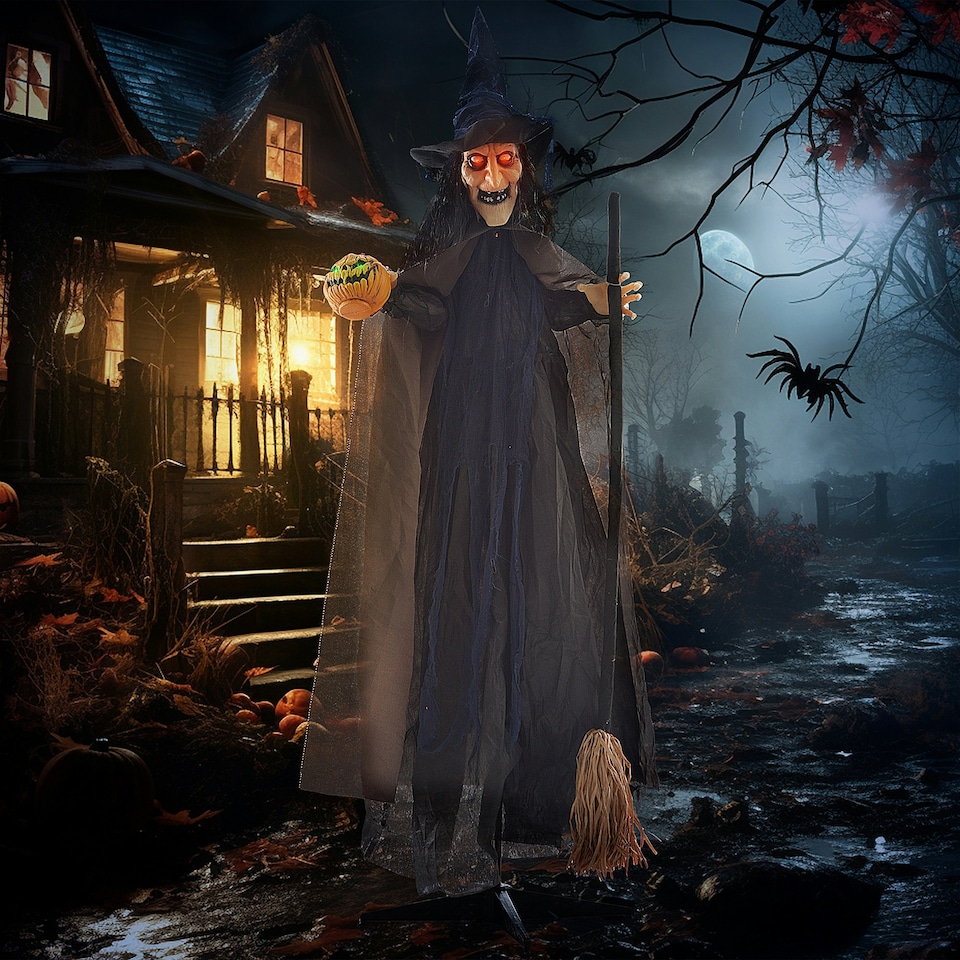 image 1 of HOMCOM Halloween Witch with Broomstick Animatronic Prop with Light Up Eyes
