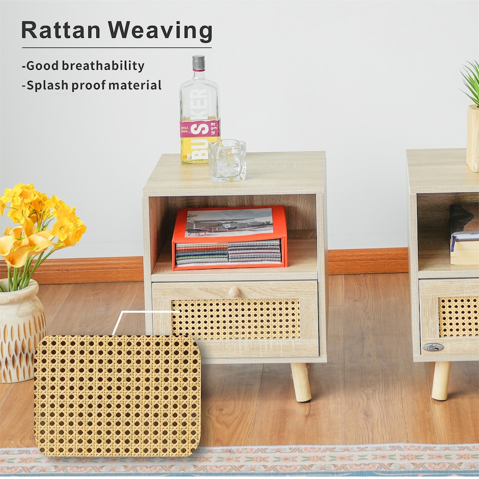 image 1 of Abrihome Set of 2 Rattan Nightstand Cabinet, with Saving Storage Space and Shelves