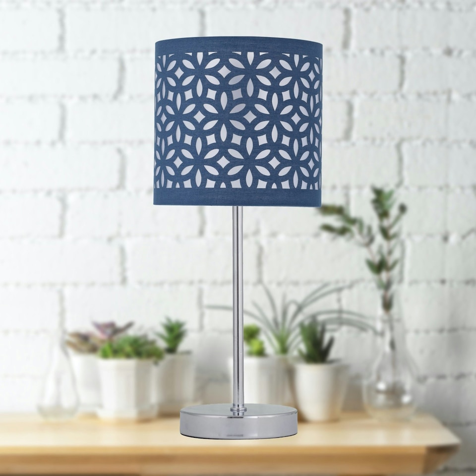 image 1 of First Choice Lighting Set of 2 Chrome Stick Table Lamps with Navy Blue Laser Cut Shades Chrome | Blue