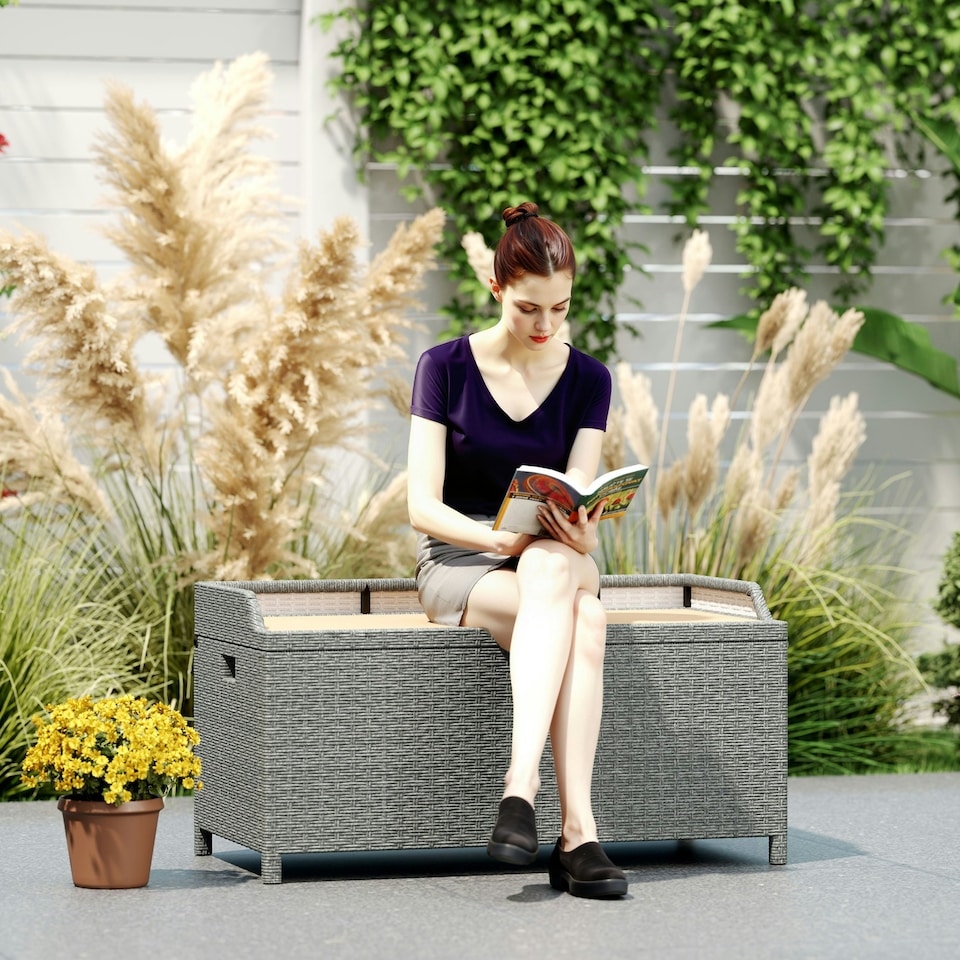 image 1 of Outsunny Rattan Outdoor Storage Bench with Aluminium Frame, Grey Grey | Grey