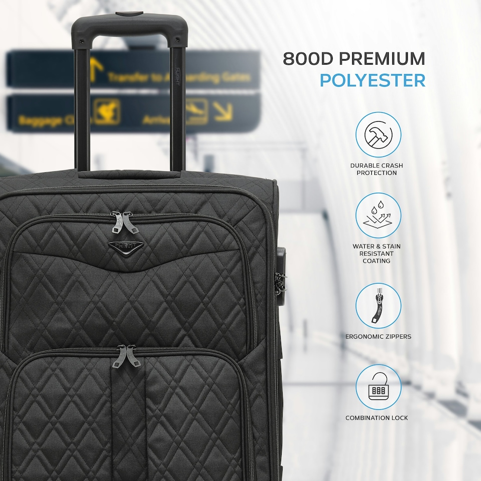 image 1 of Flight Knight Lightweight 4 Wheel 800D Soft Case Quilted Suitcases Anti Crack Cabin & Hold Luggage Options 100+ Airlines Approved - easyJet, BA & Many More! Black | Medium