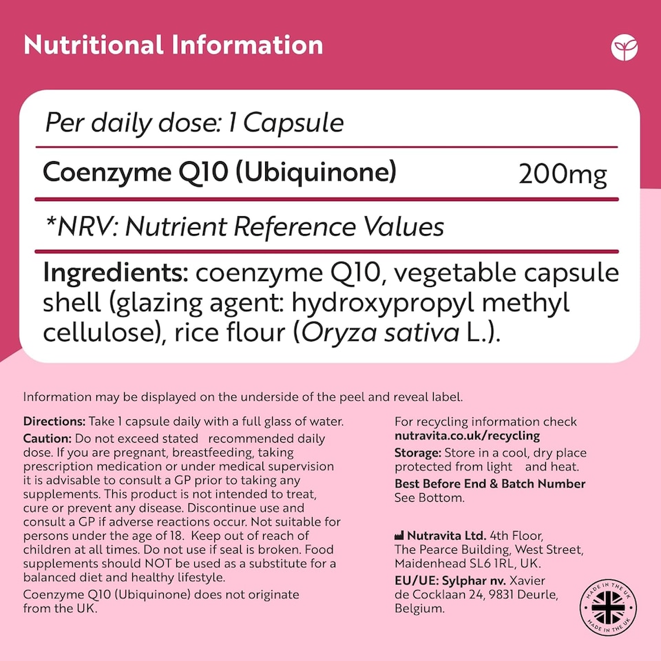 image 1 of Nutravita CoQ10 200mg - High Strength Co Enzyme Q10 - Pure and Naturally Fermented Ubiquinone Coenzyme - Made in The UK - 120 Vegan Capsules