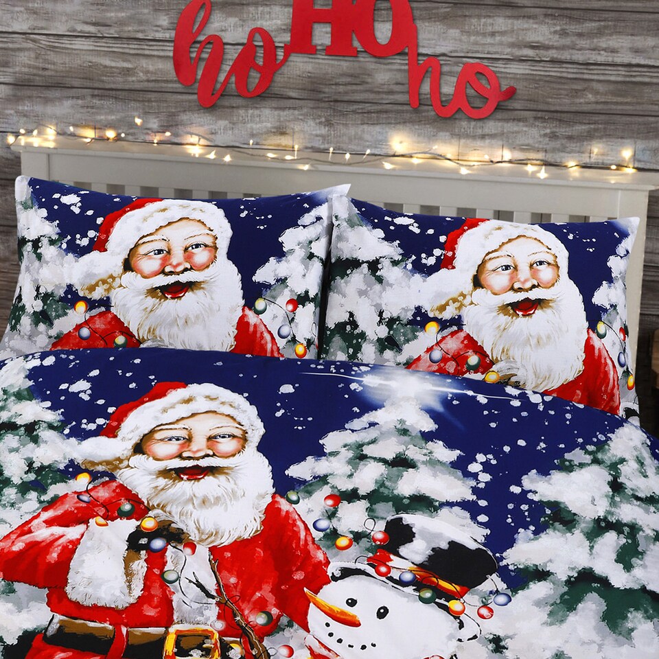 image 1 of Velosso Santa Xmas Lights Printed Cotton Blend Duvet Cover and Pillowcase Set | Red | King