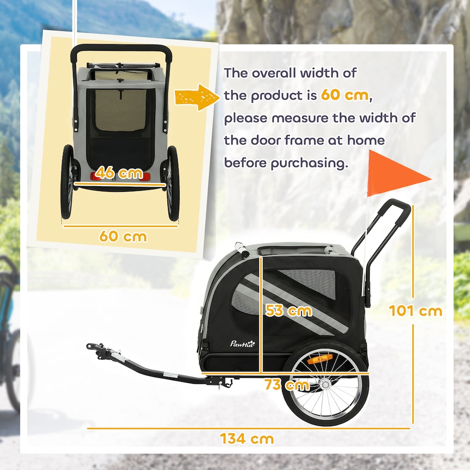 image 1 of PawHut 2-In-1 Dog Bike Trailer Stroller w/ Universal Wheel Reflector Flag