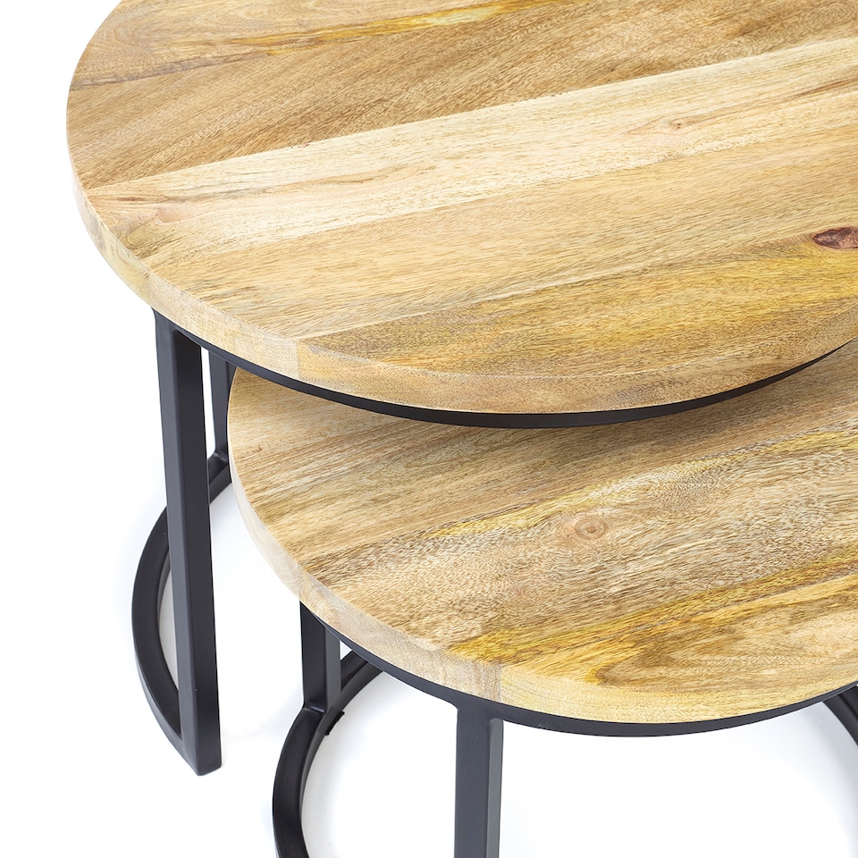 image 1 of Wooden Light Oak Finish Black Metal Round Nest Of Two 2 Tables End Side Lamp H48 x W55.5 x D55.5cm