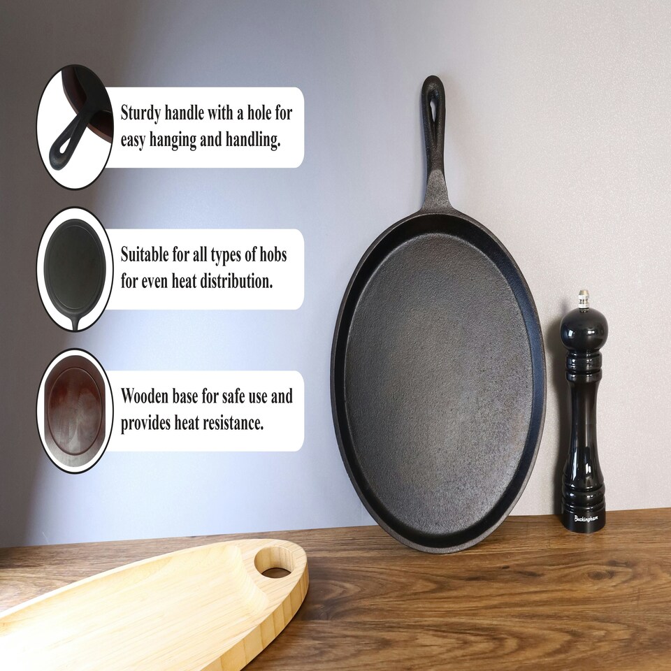 image 1 of Buckingham Pre-Seasoned Cast Iron Griddle Crepe Pan 27 cm with Wooden Base