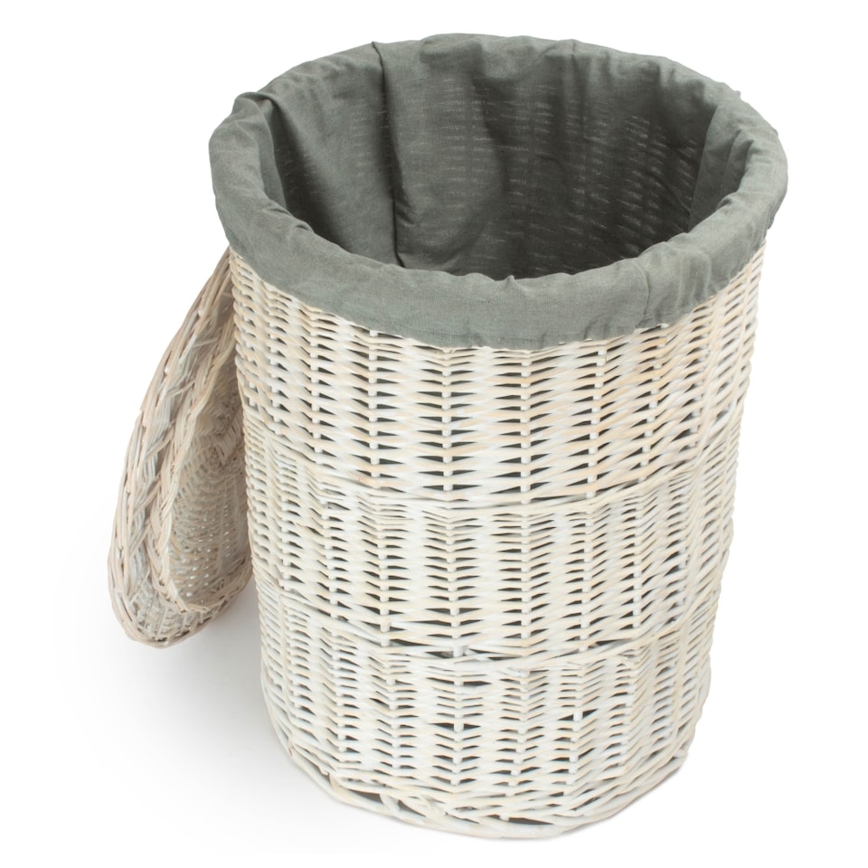 image 1 of Large Round White Wash Laundry Hamper with Grey Sage Lining | Grey | Grey