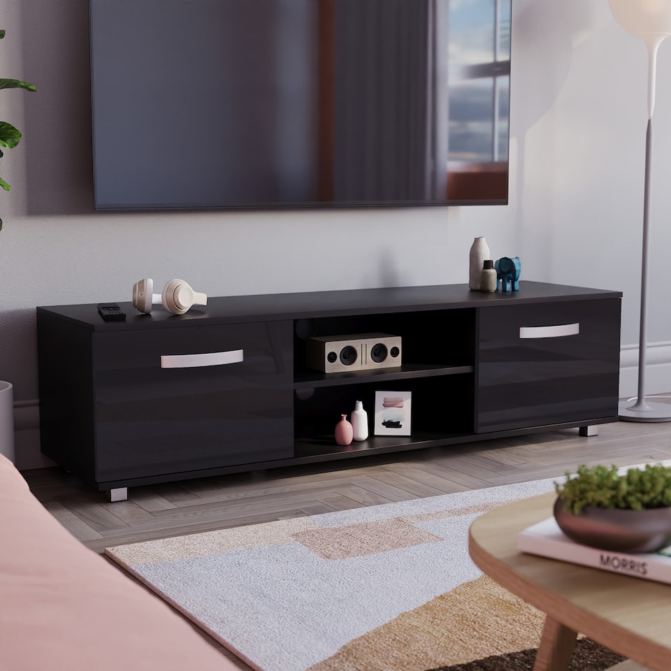 image 1 of Vida Designs Cosmo 2 Door TV Unit Entertainment Stand, 140cm, Black | Black | 1