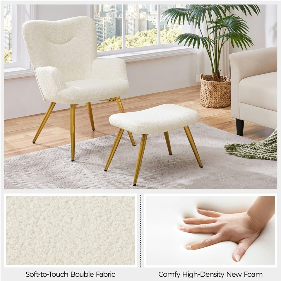 image 1 of Yaheetech Boucle Accent Chair and Ottoman Set with Metal Legs White | Ivory