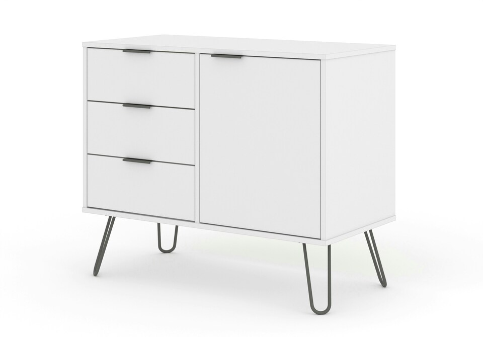 image 1 of Augusta Industrial Pine Sideboard - 1 Door 3 Drawer Wooden Storage Unit in Brown, White, or Grey | White | White | One Size | 1