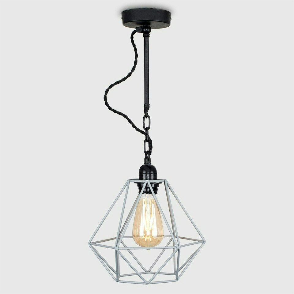 image 1 of ValueLights Huber Black Steampunk Ceiling Light With Grey Wire Pendant Shade