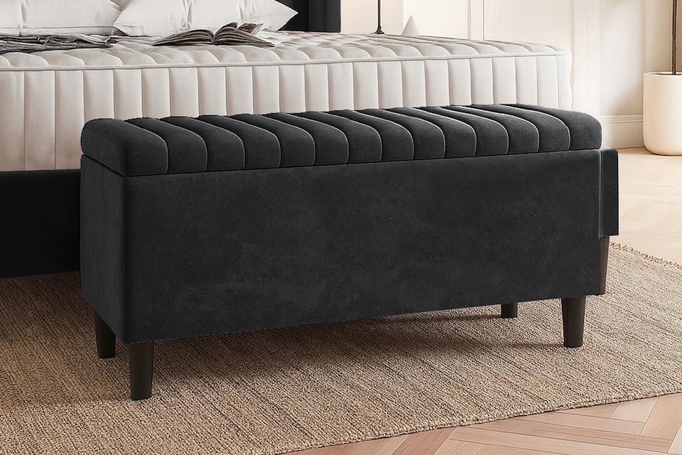image 1 of 137cm Lined Upholstered Ottoman Storage box - Black Plush Velvet Blanket Storage Box with Wooden Legs