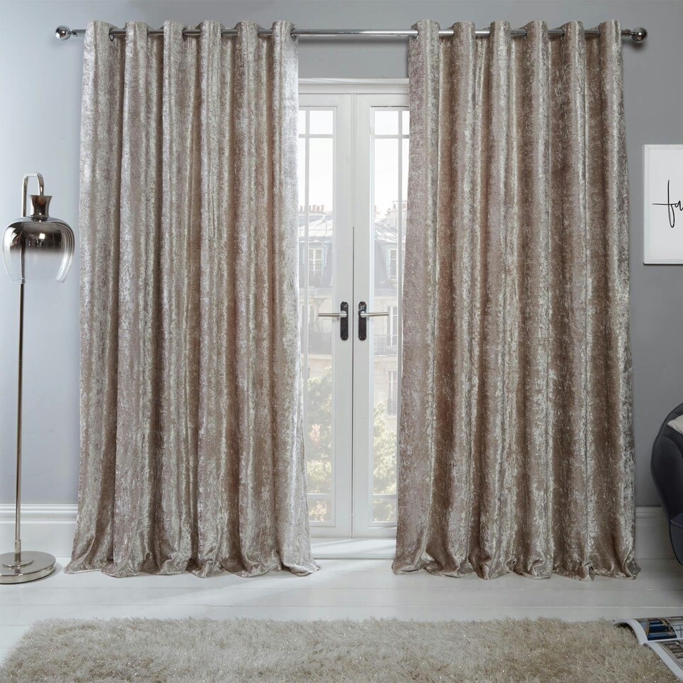 image 1 of OHS Luxury Soft Crushed Velvet Lined Eyelet Curtains, 46x54" - Natural