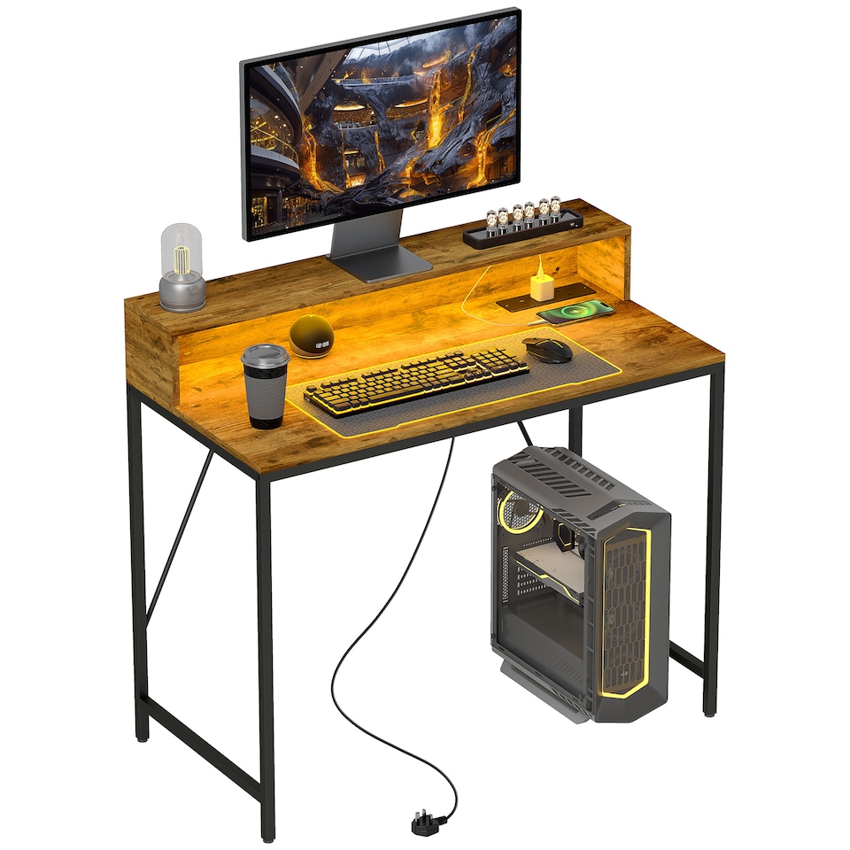 image 1 of HOMCOM 100cm Computer Desk with LED Lights and Power Outlets, Gaming Desk with Monitor Stand, Computer Table with Remote for Home Office Study, Rustic Brown