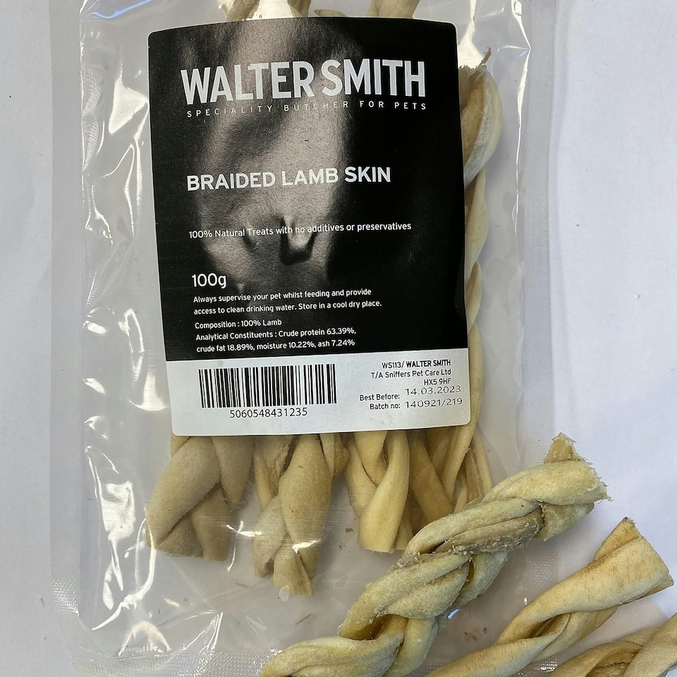 image 1 of Walter Smith Natural Braided Lamb Skin 100g – 100% Natural Dog Treat – No Artificial Colours or Preservatives – Natural Dog Chew