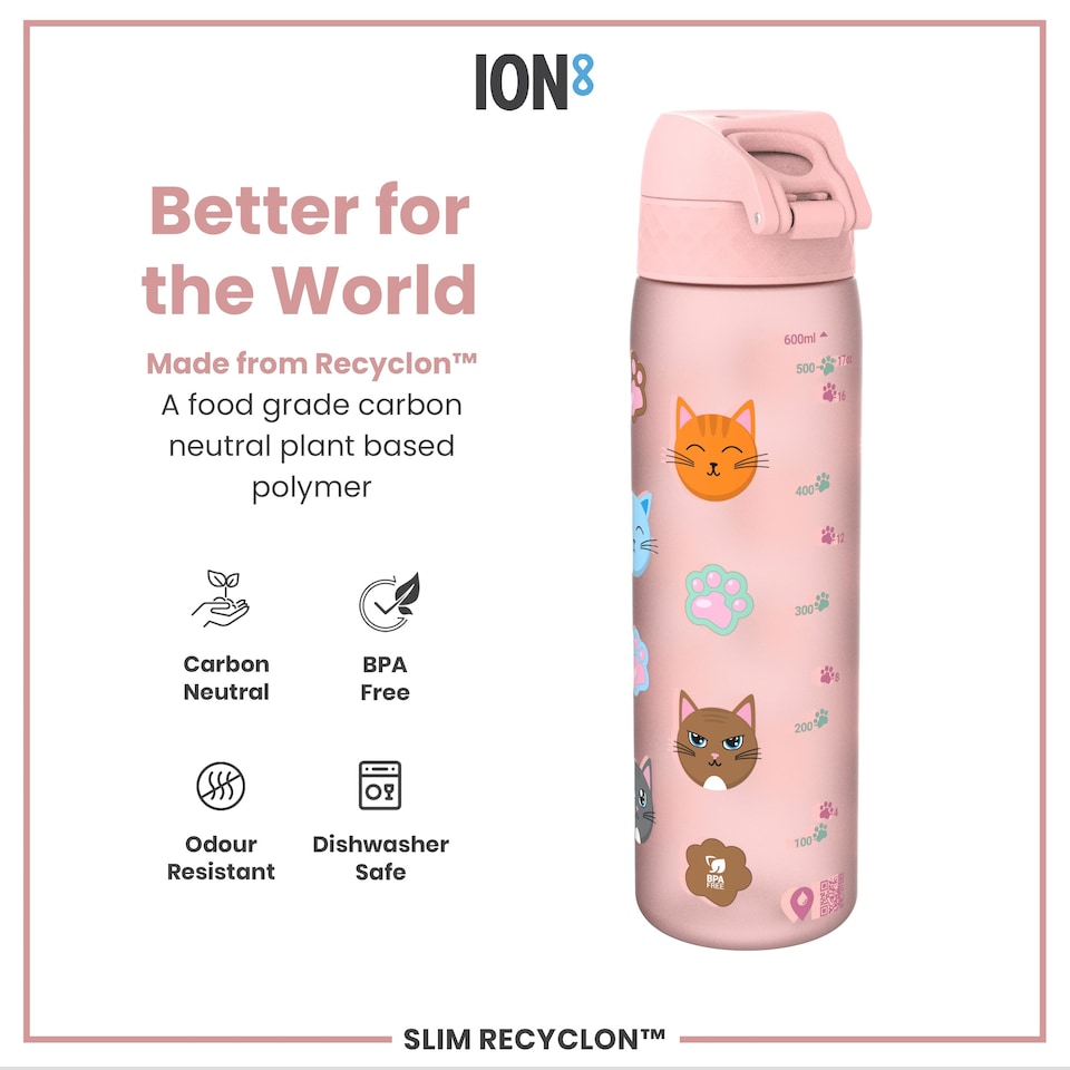 image 1 of Leak Proof Slim Water Bottle, BPA Free, 500ml (18oz) | Pink | Cats | One Size
