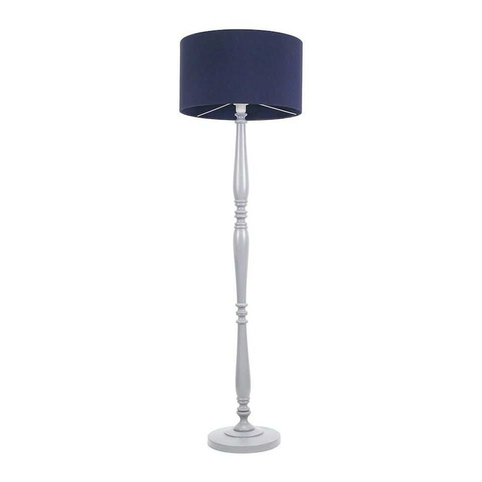 image 1 of ValueLights Victoria Grey Wood Floor Lamp Navy Blue Shade and Bulb