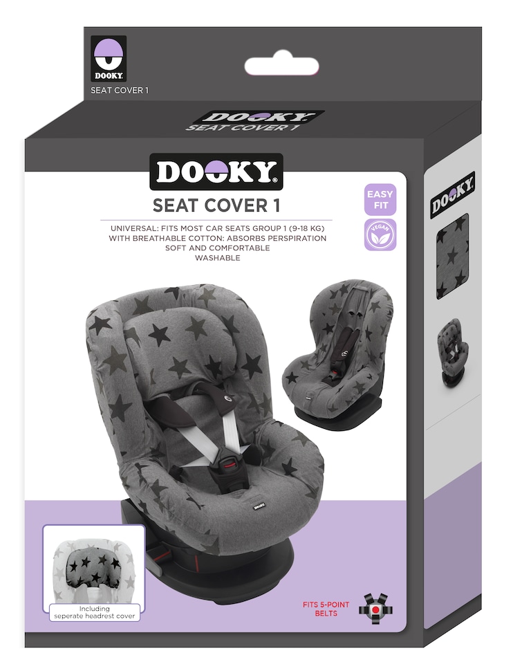 image 1 of Dooky Group 1+ Baby Car Seat Cover, Universal Cotton 9-18kg, Grey Star
