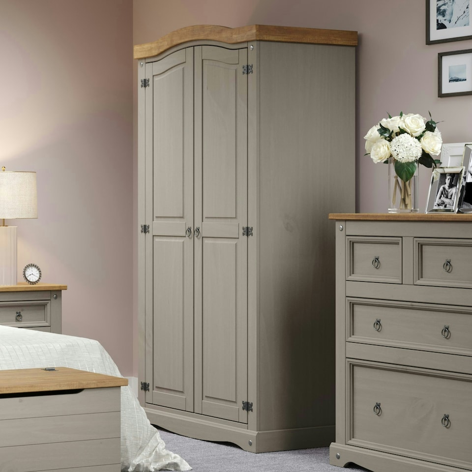 image 1 of Premium Corona 2 Door Wardrobe in Mexican Pine, Classic Design with Metal Hardware | Grey | Grey | One Size | 1