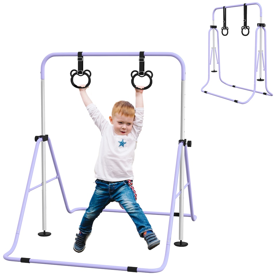 image 1 of HOMCOM Adjustable Height Foldable Kids Gymnastics Bar, Purple | Purple | Purple | 148L x 105W x 88-128H cm