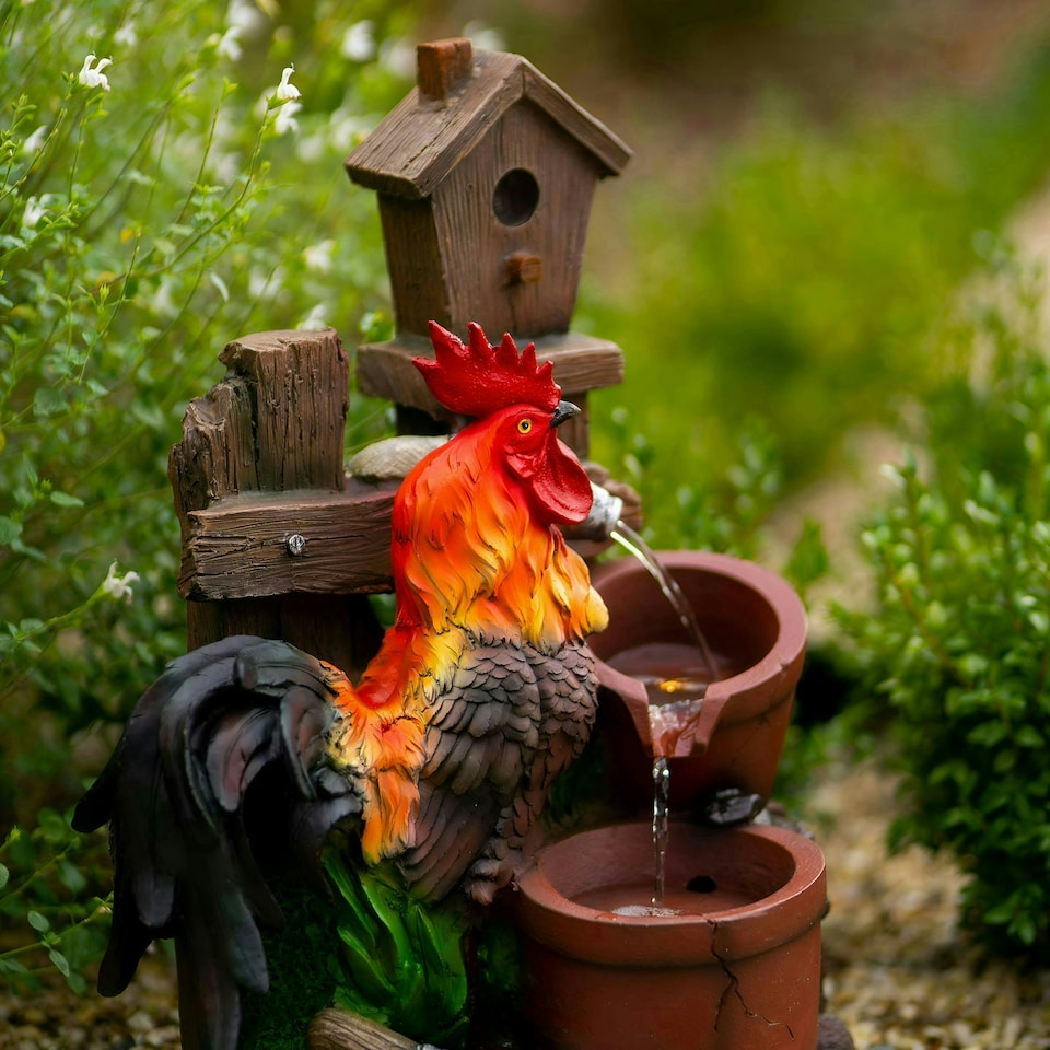 image 1 of Primrose Solar Rooster Pouring Pots Tiered Water Feature with Lights 57cm