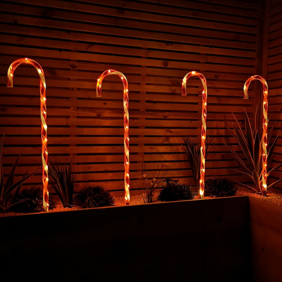 image 1 of Set of 4 XL Light up Red & White Stripe Christmas Candy Cane Garden Stakes with LEDs