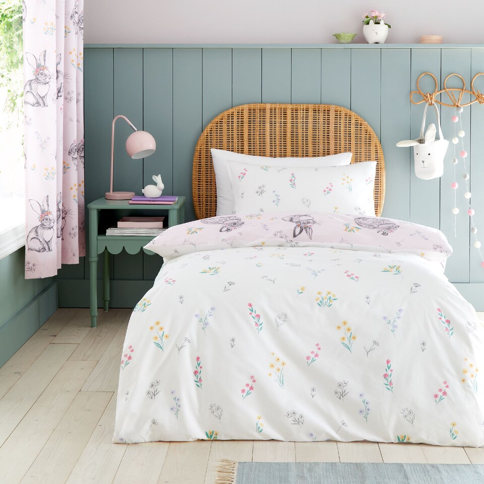 image 1 of Bunny Tails Ditsy Flowers Reversible Duvet Cover Set | Pink | Toddler