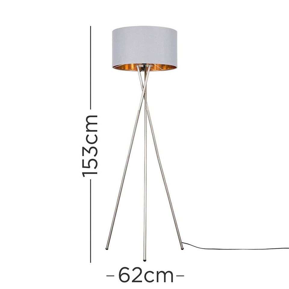 image 1 of ValueLights Camden Brushed Chrome Tripod Floor Lamp Grey Gold Shade and Bulb