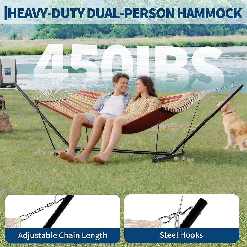 image 1 of London Boutique 12FT Double Hammock with Stand, Garden Hammock with Pillow and Balance Ropes, Red and Yellow
