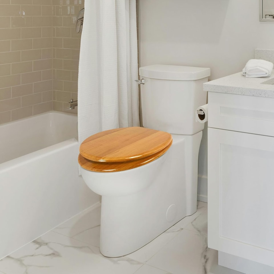 image 1 of 18' Wooden Universal Bathroom Toilet Seat Easy Fittings Antique Wood