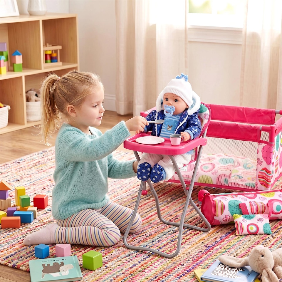 image 1 of BiBi Doll Folding Travel Nursery Set High Chair Cot Bed Pink Doll Accessories for 20 Inch Dolls