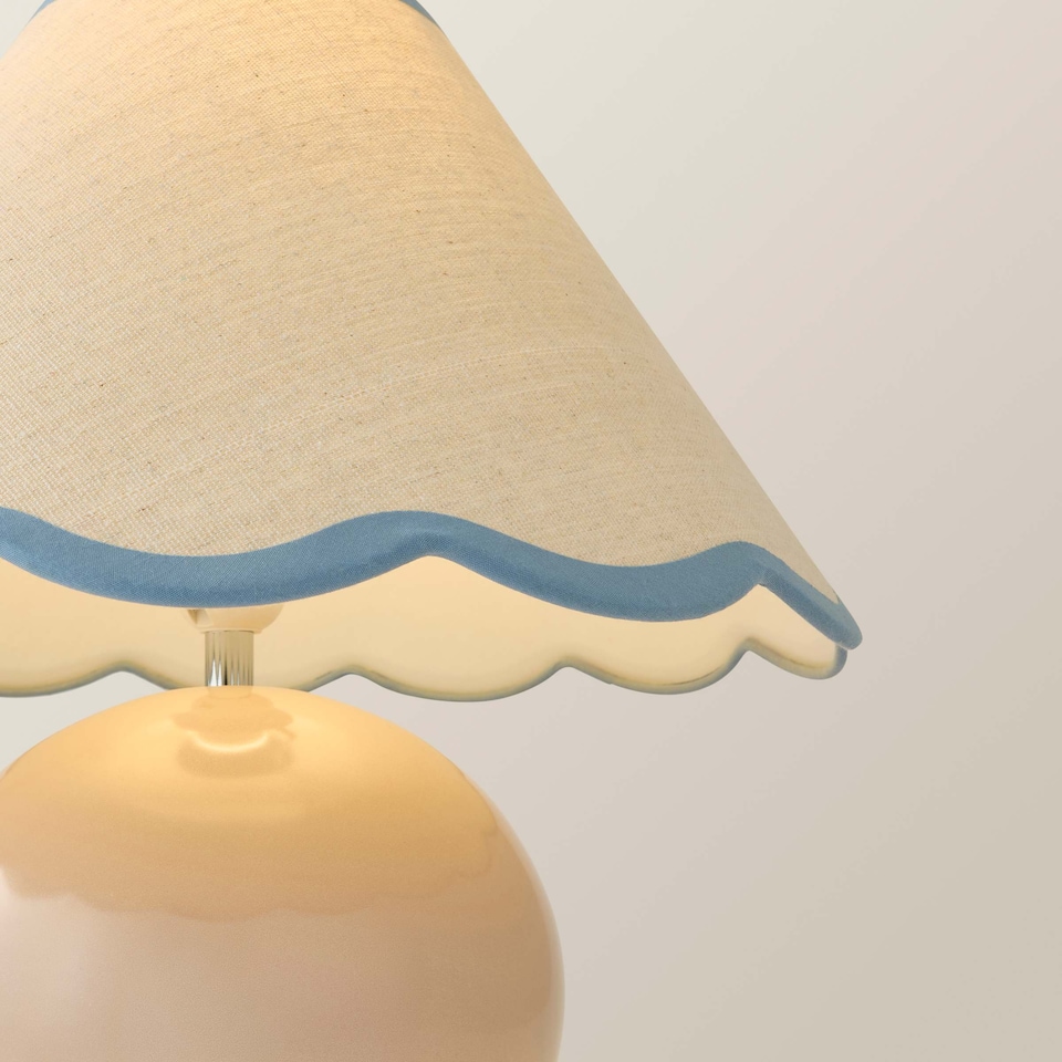 image 1 of ValueLights Bosco Natural Stone Globe Ceramic Table Lamp with Linen Blue Trim Scallop Lamp Shade