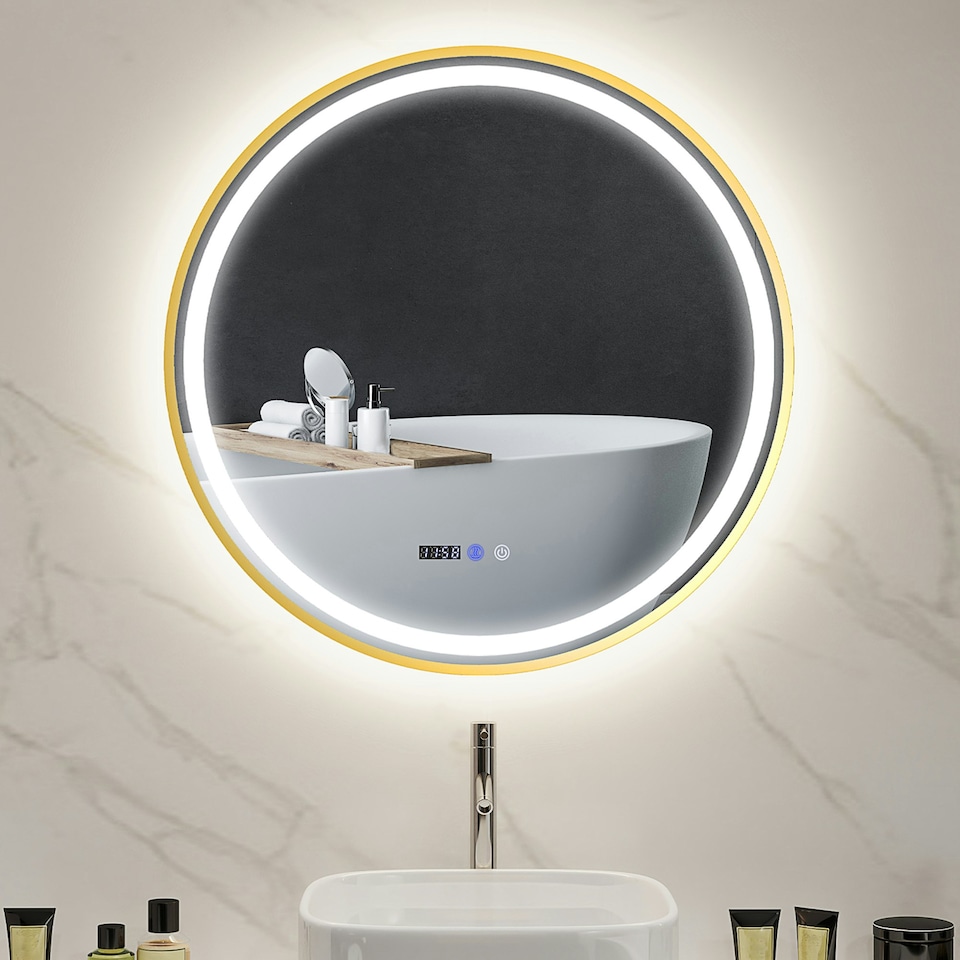 image 1 of HOMCOM Illuminated Bathroom LED Mirror 80cm Round Wall Mounted Mirror Gold